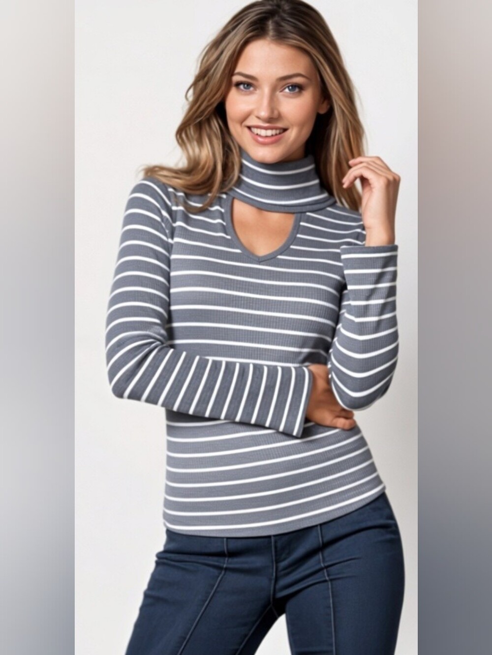 Venus Striped Gray Cut-Out High Neck Long Sleeve Top